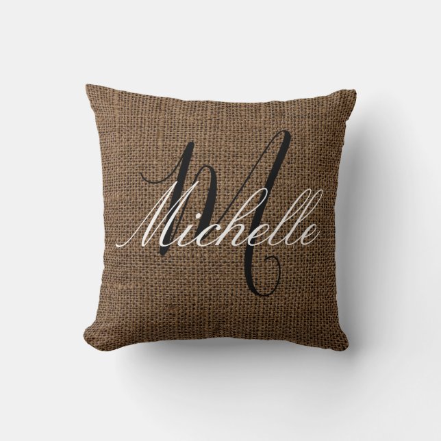 Coussin Sombre Brown Burlap look Monogramme Nom personnali (Recto)