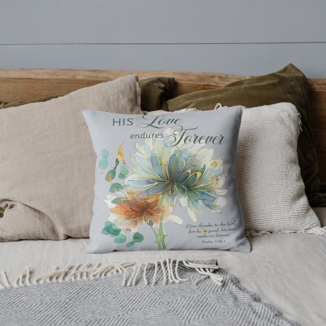 Coussin Son Amour Endure Pour Le Psaume 136 Écriture Gris (Créateur téléchargé)
