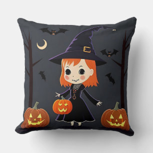 Coussin Sorcière avec citrouilles, chauves-souris et décor
