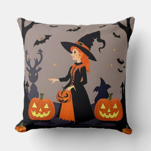 Coussin Sorcière avec citrouilles, chauves-souris et décor