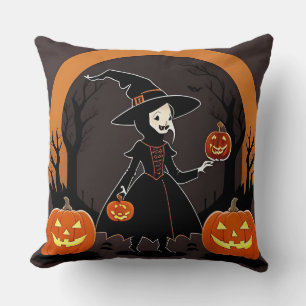 Coussin Sorcière avec citrouilles, chauves-souris et décor