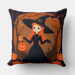 Coussin Sorcière avec citrouilles, chauves-souris et décor