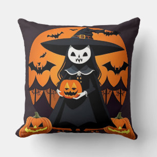 Coussin Sorcière avec citrouilles, chauves-souris et décor