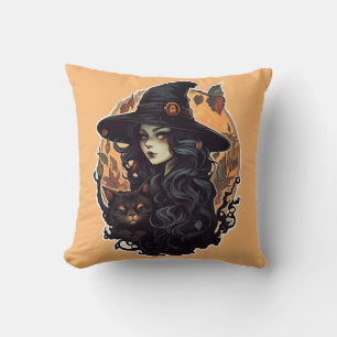 Coussin Sorcière avec le chat noir halloween