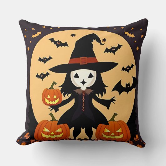 Coussin Sorcière d'Halloween avec citrouilles (Recto)