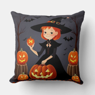 Coussin Sorcière d'Halloween avec citrouilles