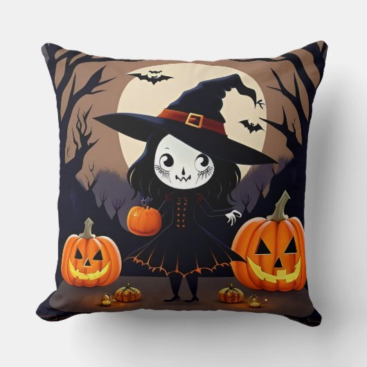 Coussin Sorcière d'Halloween avec citrouilles (Recto)