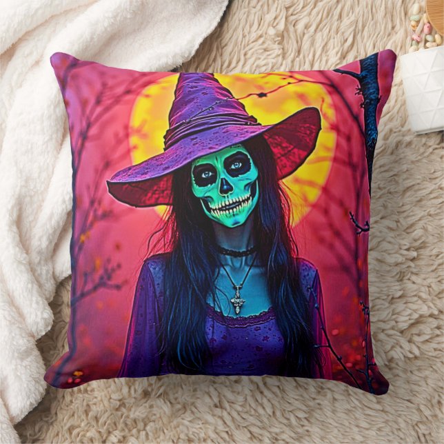 Coussin Sorcière d'Halloween avec conception de visage crâ (Couverture)
