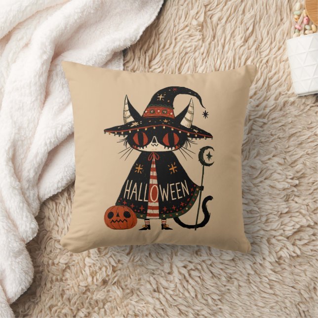 Coussin Sorcière d'Halloween Chat et Citrouille (Couverture)