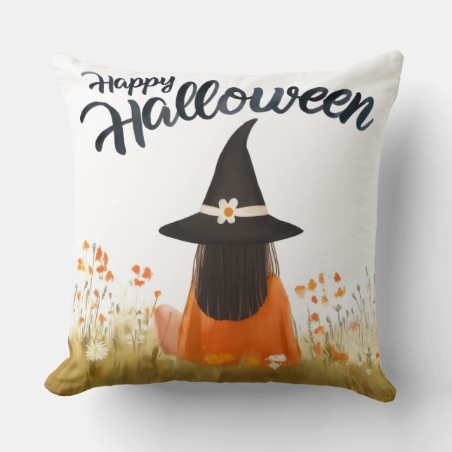 Coussin Sorcière d'Halloween dans un champ de fleurs (Recto)