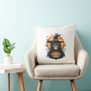 Coussin Sorcière effrayante avec un citrouille
