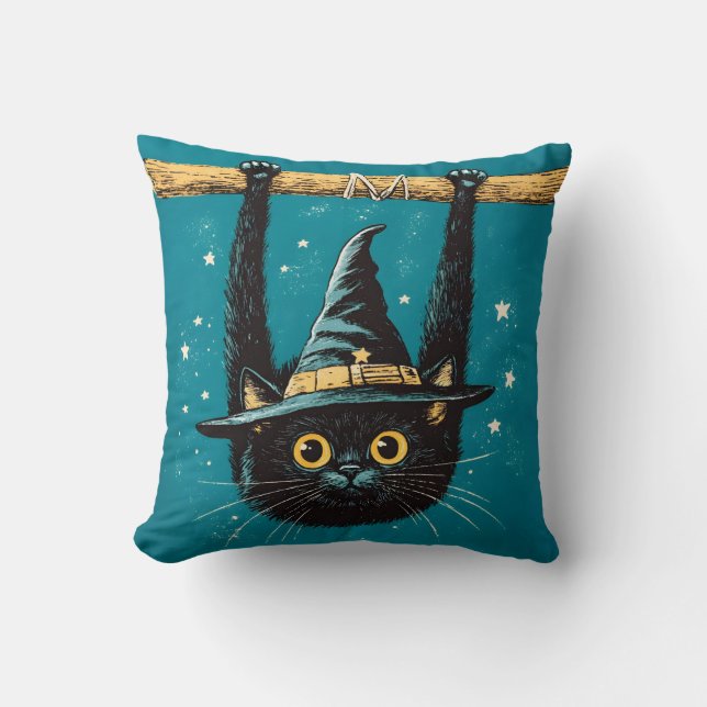 Coussin Sorcière éffrayante de chat noir volant (Recto)