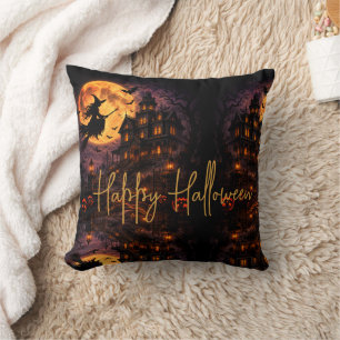 Coussin Sorcière effrayante d'Halloween volant au-dessus d