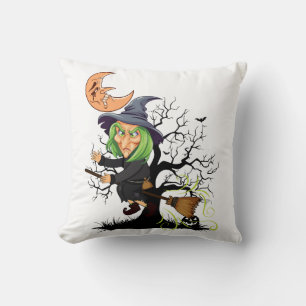 Coussin Sorcière effrayante d'Halloween volant sur un bala