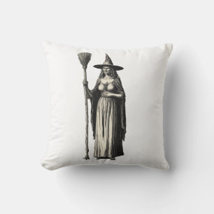 Coussin Sorcière et balai à la mode Éffrayant Halloween
