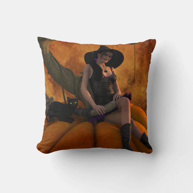 Coussin Sorcière et chat sur Citrouille géant (Recto)