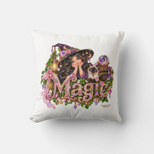 Coussin Sorcière girly d'Halloween et magie de chat siamoi
