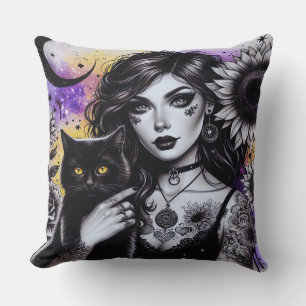 Coussin Sorcière gothique céleste et chat noir