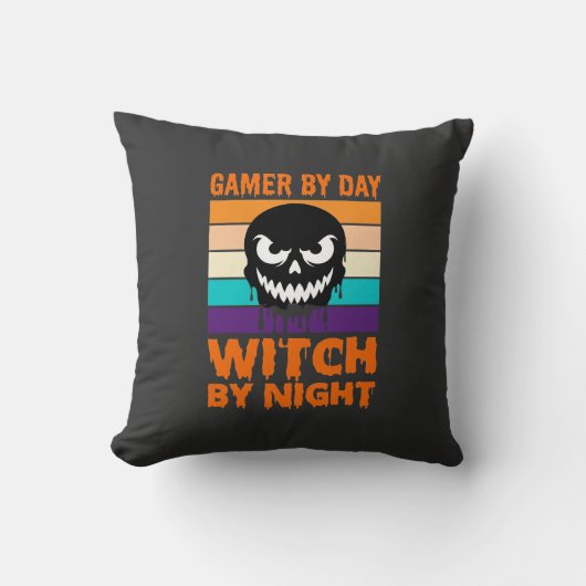 Coussin Sorcière Joueuse Halloween Crâne Rétro (Recto)