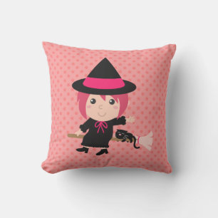Coussin Sorcière mignonne et chat noir sur balai volant