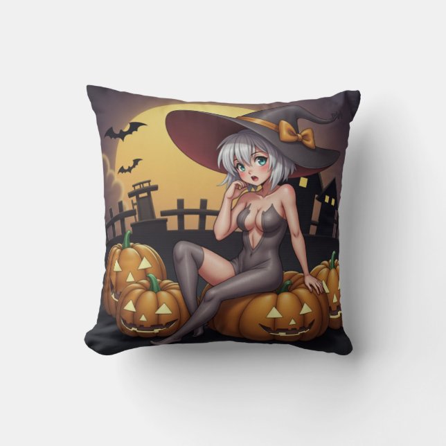 Coussin Sorcière Torride dans le Champ de Citrouilles d'Ha (Recto)
