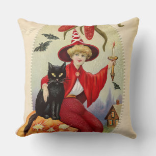Coussin Sorcière vintage d'Halloween et chat noir