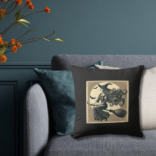 Coussin Sorcière Vintage sur Balai Pleine Lune & Chauves-s