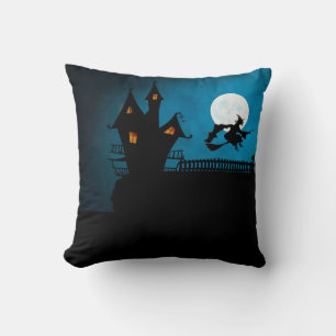 Coussin Sorcière volante éffrayante : Gras noir et bleu