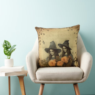 Coussin Sorcières gothiques sépia Panier de rose orange
