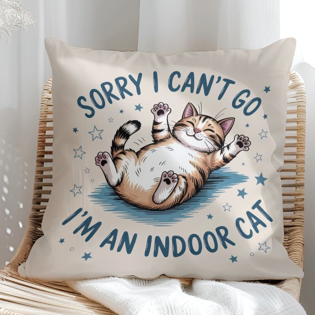 Coussin "Sorry I Can't Go, I'm an Indoor Cat" Funny ("Sorry I Can't Go, I'm an Indoor Cat" Funny Throw Pillow in a sunny boho neutral rattan chair)