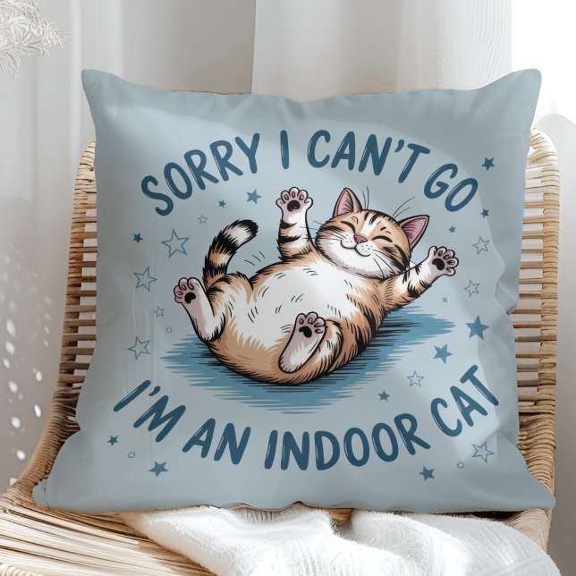 Coussin "Sorry I Can't Go, I'm an Indoor Cat" Funny ("Sorry I Can't Go, I'm an Indoor Cat" Funny Throw Pillow in a sunny boho rattan chair.)