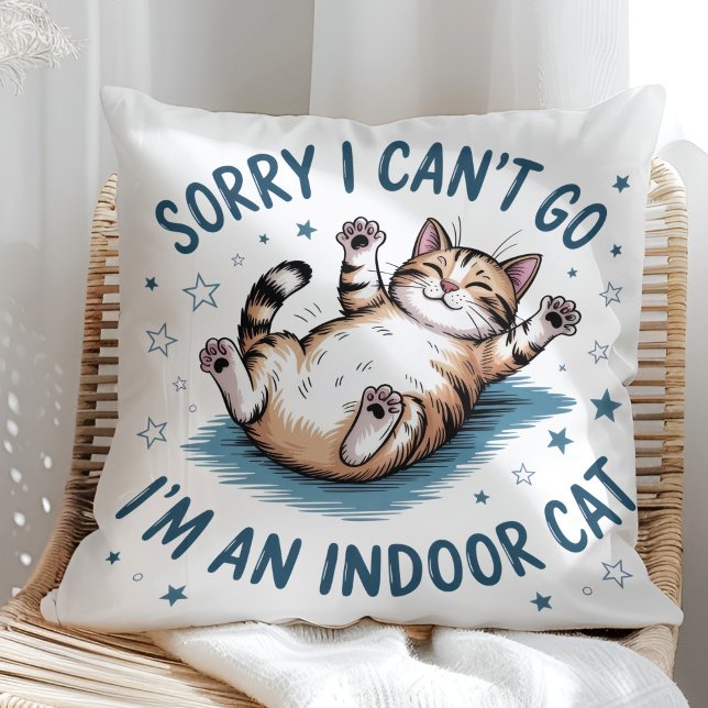 Coussin "Sorry I Can't Go, I'm an Indoor Cat" Funny ("Sorry I Can't Go, I'm an Indoor Cat" Funny Throw Pillow in a sunny boho neutral rattan chair)