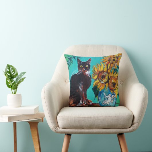 COUSSIN SOUCHES AVEC CHAT NOIR EN TURQUOISE BLEUE (Chaise)