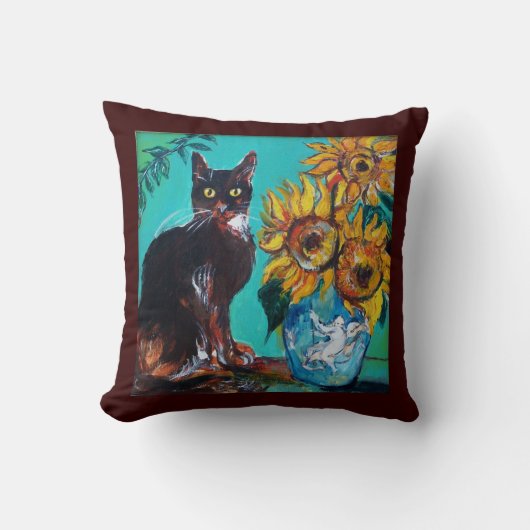 COUSSIN SOUCHES AVEC CHAT NOIR EN TURQUOISE BLEUE (Recto)