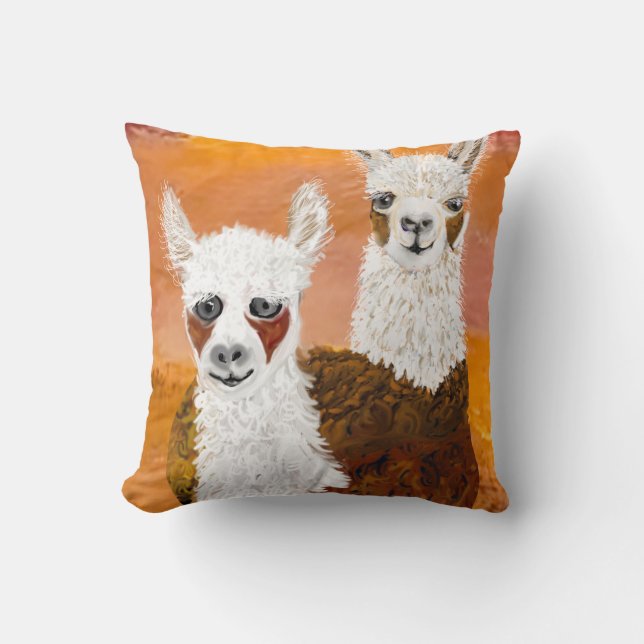Coussin Souriant, lamas curieuses contre le ciel d'or (Recto)