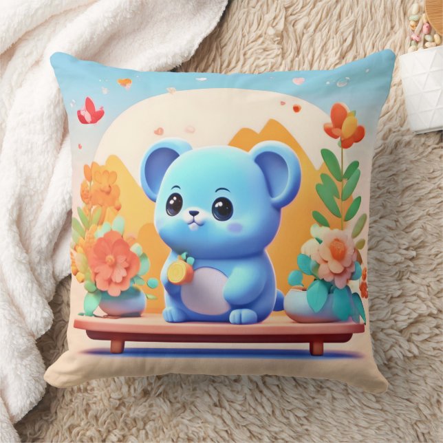 Coussin Souris bleu mignonne avec fleurs (Couverture)