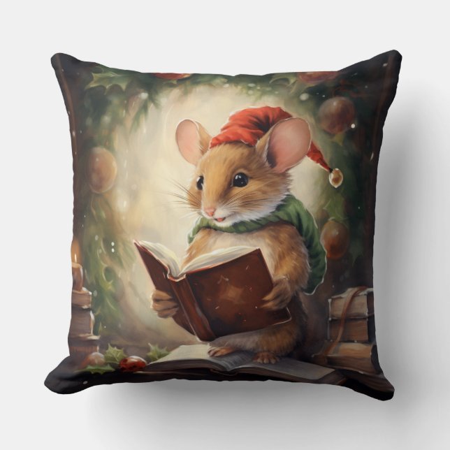 Coussin Souris de Noël lisant (Recto)
