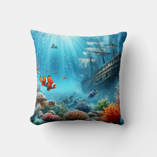 Coussin Sous la mer, tortue, corail, bateau, poisson clown