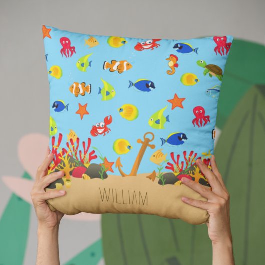 Coussin Sous l'océan marin Poisson et Ancre Nom de l'enfan