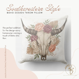 Coussin Southwestern Boho Design Bull Skull Throw Pillow
