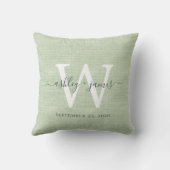 Coussin Souvenir de mariage en lin vert avec monogramme bl (Verso)