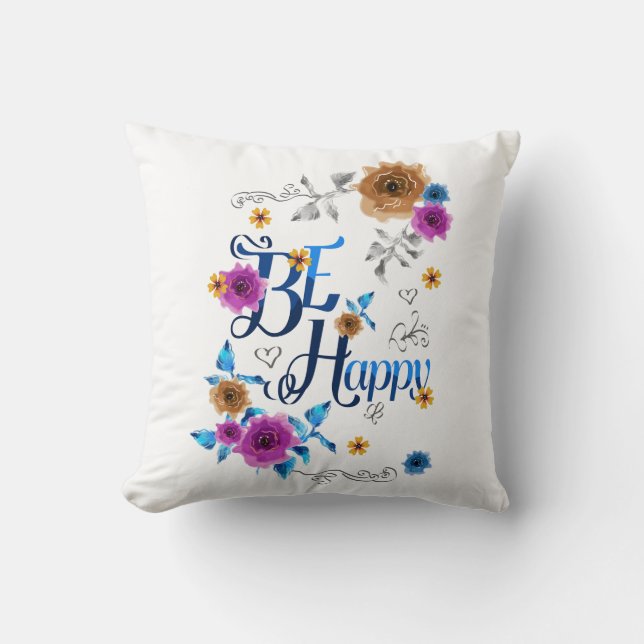 Coussin Soyez heureux Quote Positive Bleu Purple Or Fleurs (Recto)