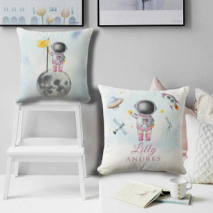 Coussin Space Girl Gold Galaxy Lune Stars fusée UFO Thon