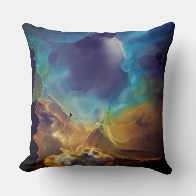 Coussin Space Nebula bleu jaune Alcool art (Recto)