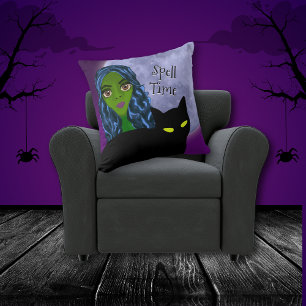 Coussin Spell Time Green avec Pleine lune bleue Chat noir