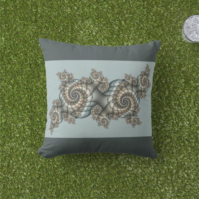 Coussin Spirales d'art fractal beige abstrait bleu clair (Herbe)
