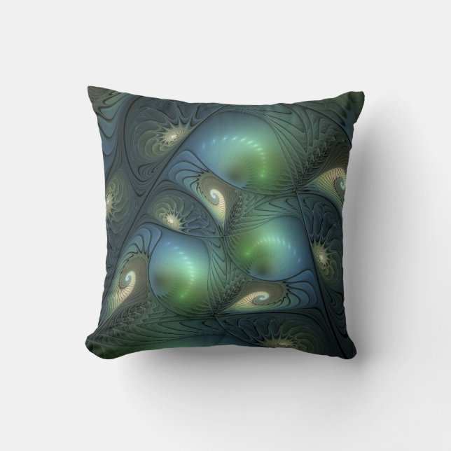 Coussin Spirales Turquoise Beige Vert Abstrait Fractal Art (Recto)