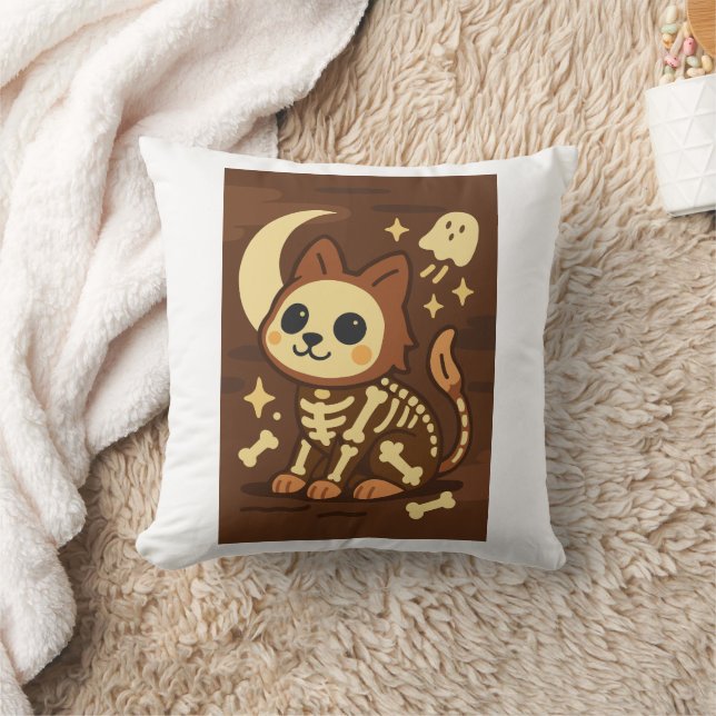 Coussin Spooky Skeleton Cat and Ghost Throw Pillow (Couverture)