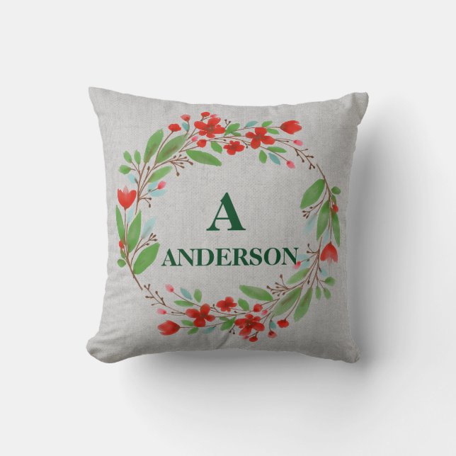 Coussin Sprigs d'hiver personnalisés Monogramme Noël (Recto)