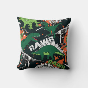 Coussin Squelette de dinosaure. Motif de grunge vintage